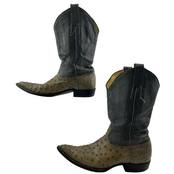 Men's Chavez Blue / Gray  Ostrich Pointed Toe Western Cowboy Boots Size 8 - Picture 2 of 7